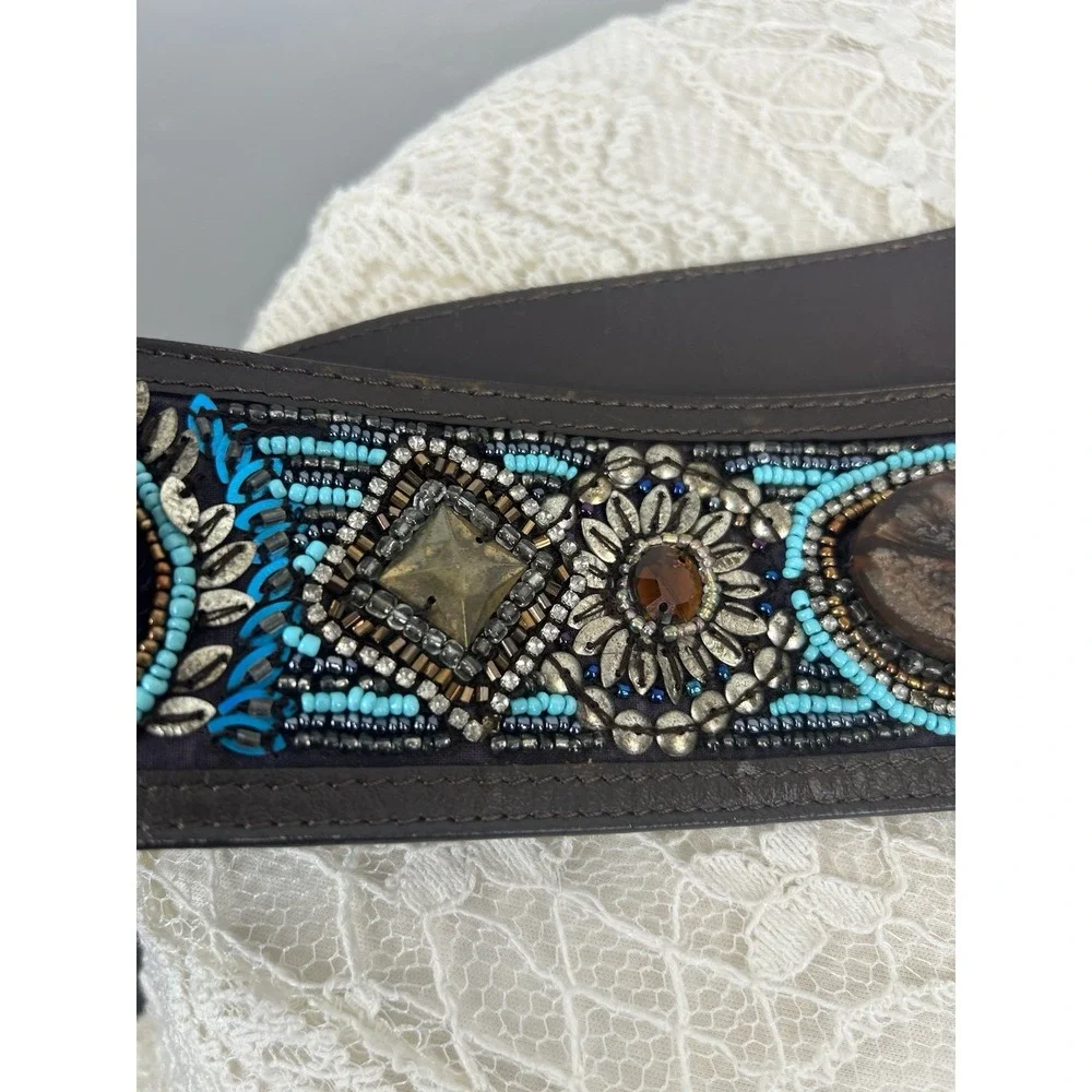 Beaded Faux Leather Embellished Fringe Tie Belt Southwestern Boho Festival OS